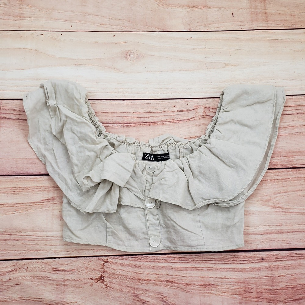 Zara Blouse Womens‎ Small Beige Linen Blend Ruffle Off The Shoulder Cropped Top